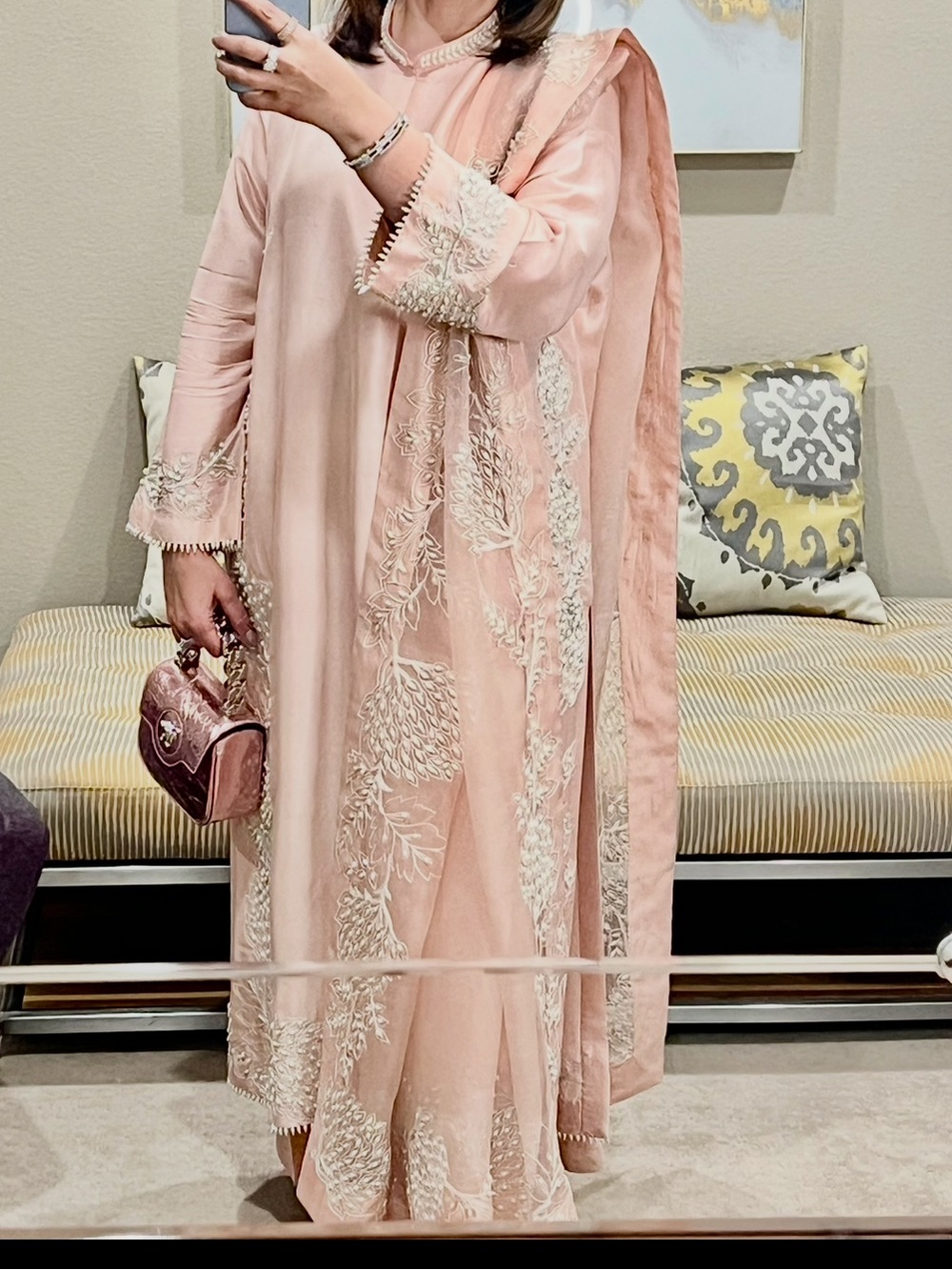 Delicate Peach Long Sleeve Embroidered Dress